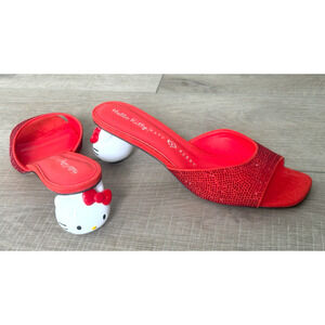NEW HELLO KITTY X KATY PERRY SANRIO RED RHINESTONE MULE HEELS SANDALS SHOES 9.5